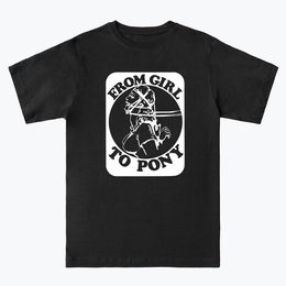 Illustration of girl with fetish gear around her face with the words "From girl to pony" around it, in white on a black T-shirt from the UK Fetish Archive Merch.