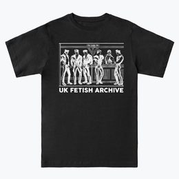 Illustration of a group of men in leather stood at a bar with the words "The Leather Bar" above. In white, on a black T-shirt from the UK Fetish Archive Merch.