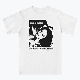 Close up illustration of couple and the words "Love in rubber", in black on a white T-shirt from the UK Fetish Archive Merch.