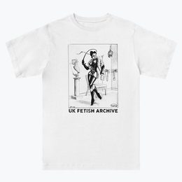 Illustration of dominatrix with a whip in black on a white T-shirt from the UK Fetish Archive Merch.