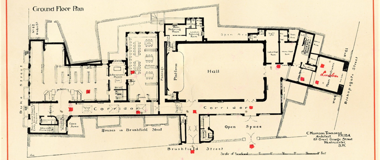 The final ground floor plan for Bishopsgate Institute, made by Charles Harrison Townsend.