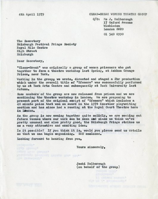 A scan of a Letter from Jacki Holborough to Edinburgh Festival Fringe Society, 1979 which is in our archive collection.