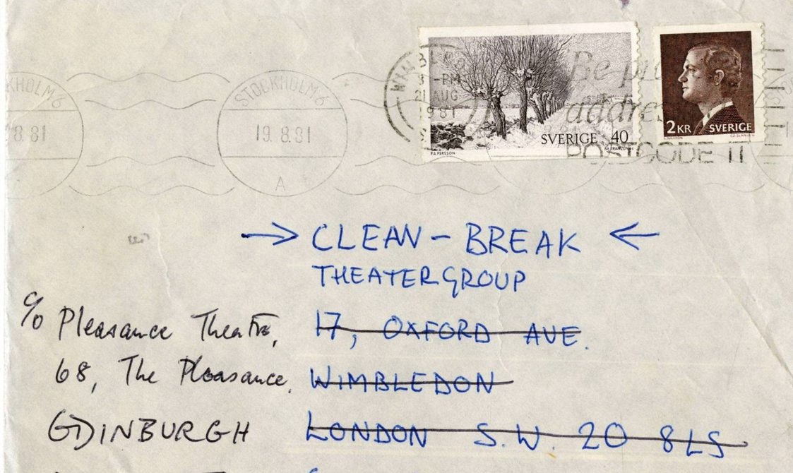 A scan of a envelope white was addressed to the Pleasure Theatre.