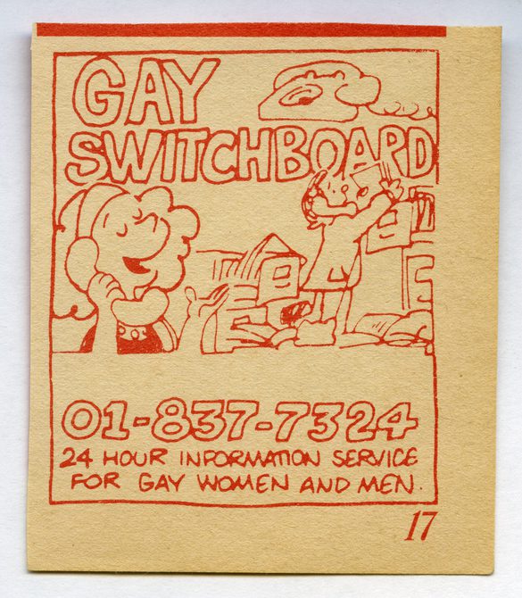 A poster from the Switchboard Archive, which says: "Gay switchboard, 24 hour information service for gay men and women", and has a cartoon of someone on the phone.