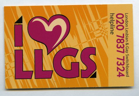 A business card from the Switchboard Archive. It is orange and in pink writing says "I <3 LLGS".
