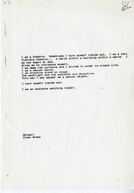 A scan of the Voices From Prison script page - "I am a theatre", 1987.