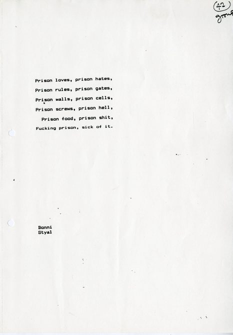 A scan of Voices From Prison script page - "Prison loves, prison hates", 1987.