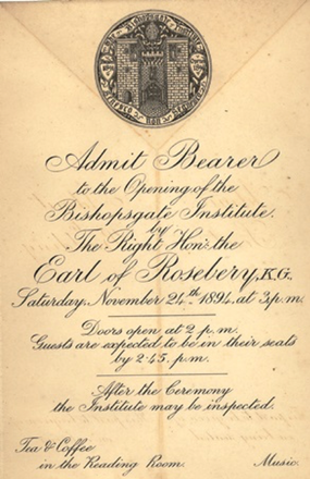 The invite to the opening of Bishopsgate Institute.