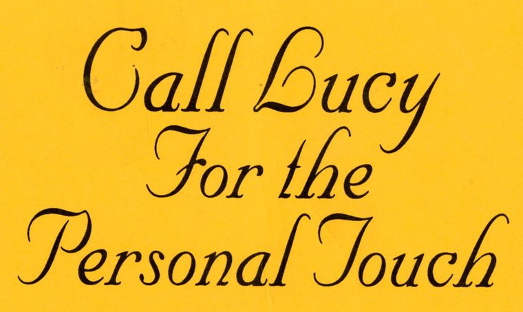A sex worker's business card that says "Call Lucy for the Personal Touch"