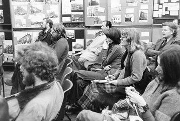 A black and white photo of students sitting in rows. The image is from the London History Workshop Centre Archive