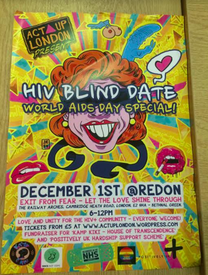 A poster from a HIV Blind Date night on December 1st. It is part of the ACT UP London Archive, and there is a sign for ACT UP London in the top left hand side of the poster.