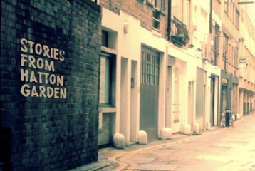 An image of the Hatton Garden area, and on the wall it says "Stories from Hatton Garden".