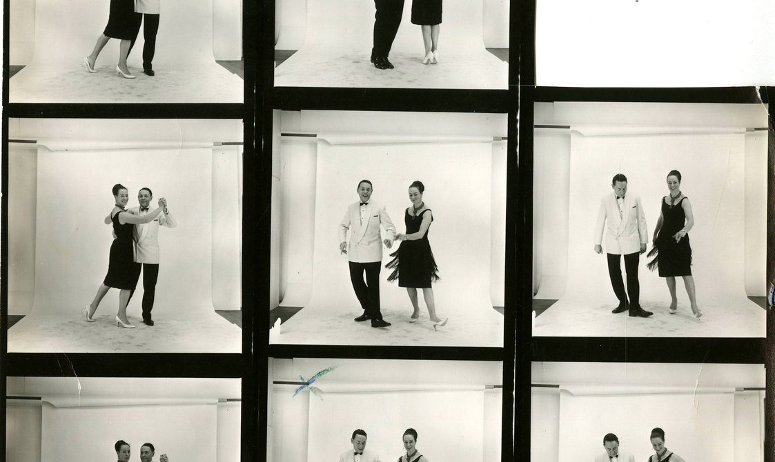 Nine images of Peggy and Frank dancing placed together as a scrapbook.