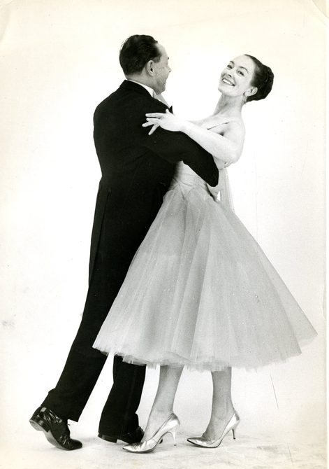 A black and white photo of Peggy Spencer and her husband Frank dancing.