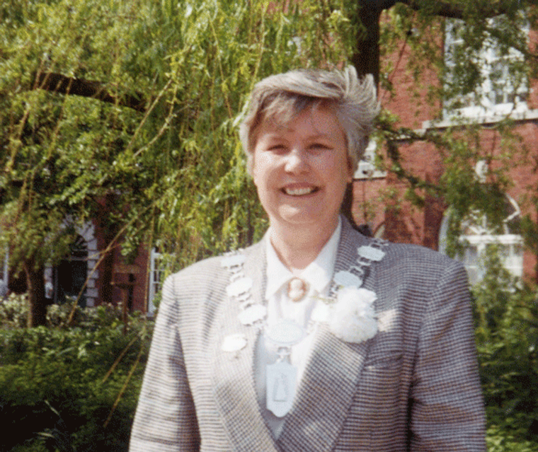 A photograph of Sue King, smiling. She has short hair and is wearing a grey plaid suit.