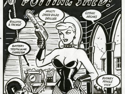 A black and white illustration by Vince Ray of a woman in leather gear with a gun that says: "The DIY Gothic Dungeon Potting Shed". There is a man in a mask lying down in front of her.
