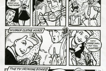 A black and white illustration by Vince Ray that says: "Cindy's kinky tip #3 pervy washing blues", and has a comic strip of a man and women using a clothes horse and ironing board in kinky ways.