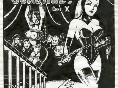 A black and white illustration by Vince Ray of a woman in bondage gear and a woman in leather wear, with an audience watching. The text says: "The playtime perverts at the night of bondage".