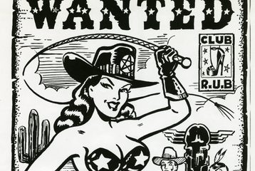 A black and white illustration by Vince Ray that has a picture of a women in a corset and a cowboy hat and rope, and it says: "Wanted, kinky cowpokes and rubber cowgurls".