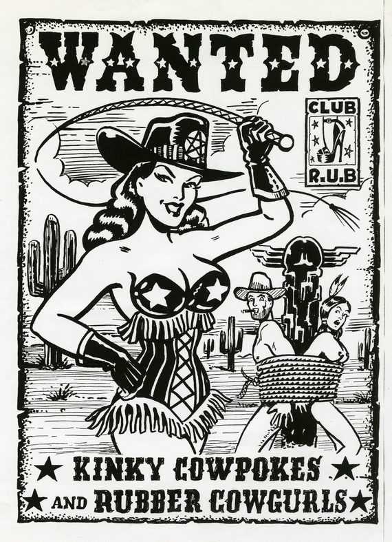 A black and white illustration by Vince Ray that has a picture of a women in a corset and a cowboy hat and rope, and it says: "Wanted, kinky cowpokes and rubber cowgurls".