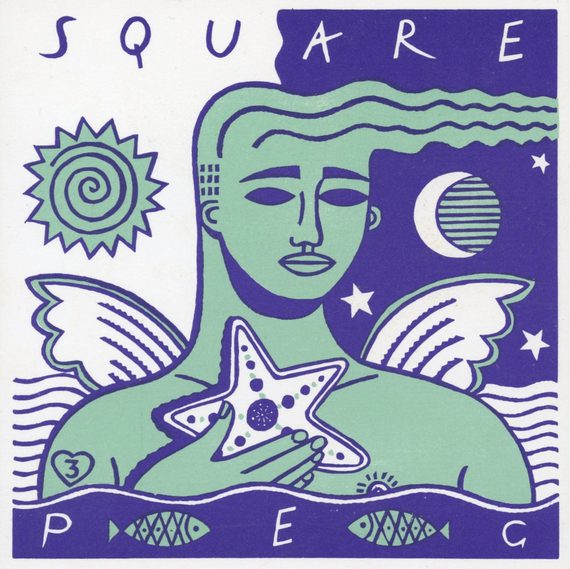A cover for Square Peg magazine, that has a drawing of a mystical creature on the cover, shown in green. They are holding a star and have wings. Behind them are waves, and on one side is the sun and the other the moon. "Square" is at the top of the illustration and "Peg" is at the bottom.