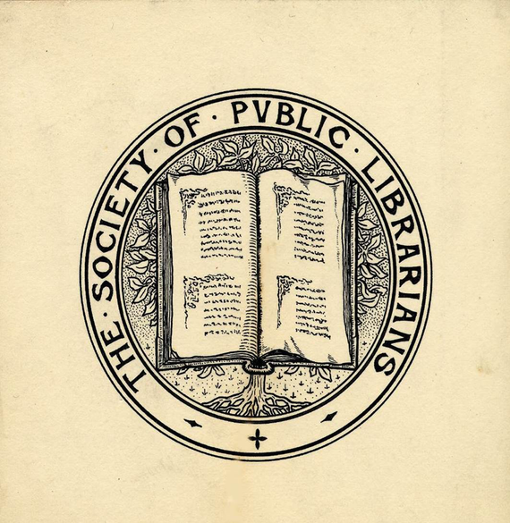 The society of Public Librarians logo. It is a book over a tree, with a circle going round it saying: "The society of public librarians".