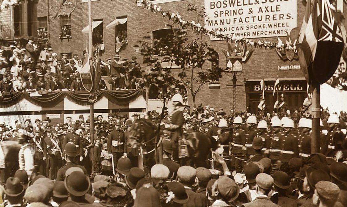 Procession of soldiers on Borough Road during the coronation of Edward VII in 1902