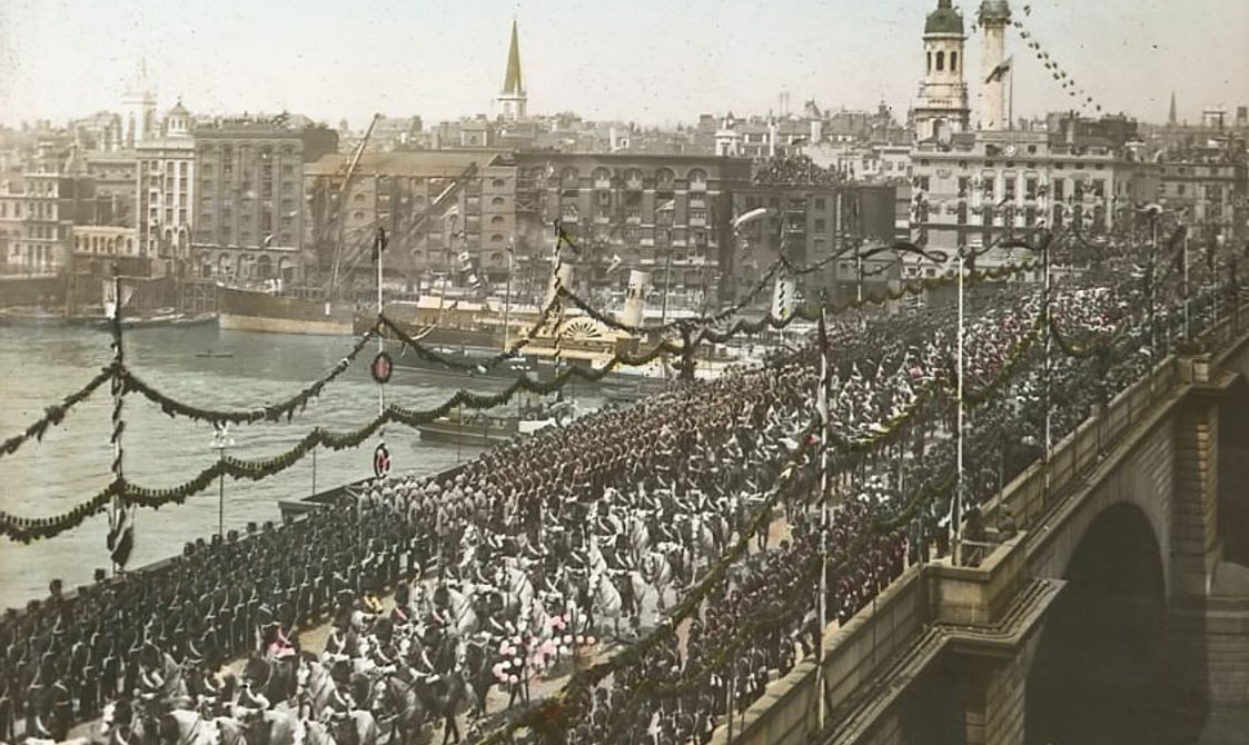 Tinted image of the Diamond Jubilee procession crossing London Bridge in 1897