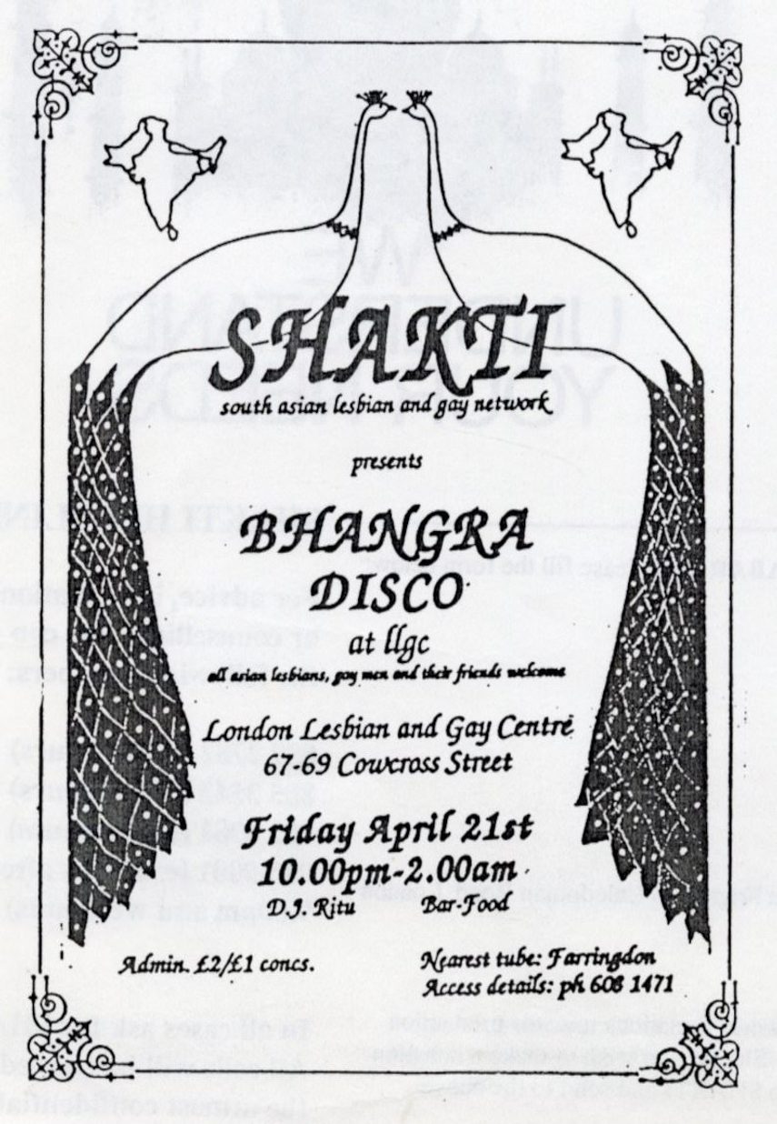 A copy of a poster. It says "Shakti presents Bhangra Disco. all asian lesbians, gay men and their friends welcome"