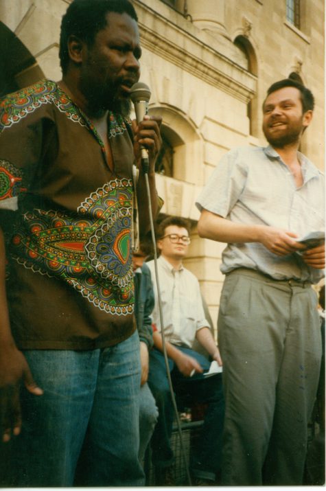 PAC Chief Representative in the UK Hamilton Keke speaks at a protest meeting in front of South Africa House during the 1980s.