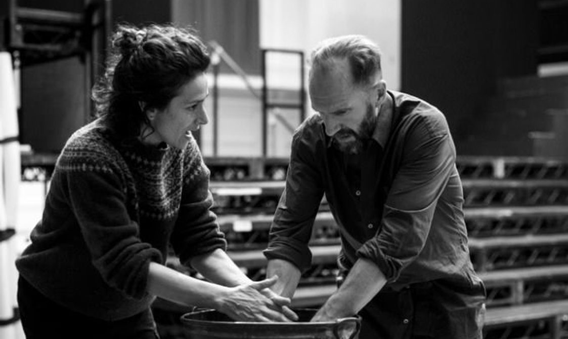 Ralph Fiennes and another actor rehearse in the Great Hall.