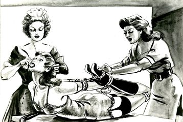 Fetish illustration by the artist Mory. It depicts two women in maids outfits, stood flanking a woman hogtied on a table.