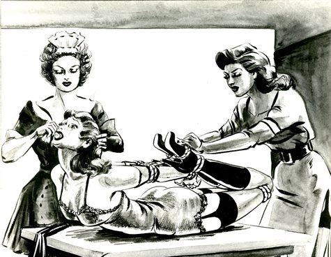 Fetish illustration by the artist Mory. It depicts two women in maids outfits, stood flanking a woman hogtied on a table.