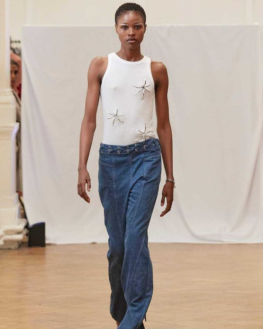 A model walks during a sharing for London Fashion Week at Bishopsgate Institute, September 2024