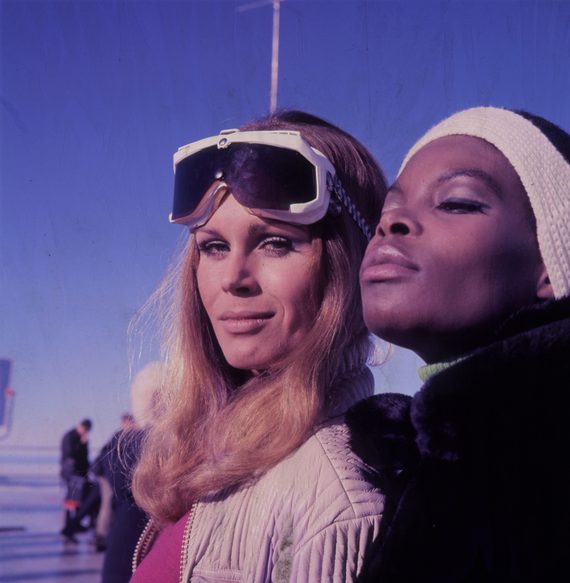 Joanna Lumley and Sylvana Henriques on the set of On Her Majesty's Secret Service. They are posing whilst wearing skiwear