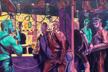 Colourful oil painting of Backstreet leather bar.