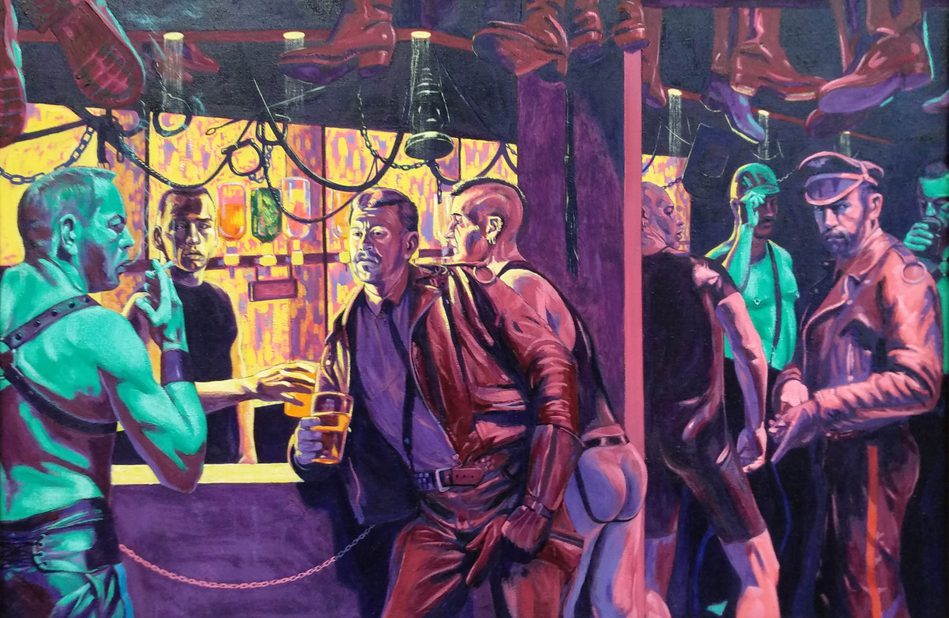 Colourful oil painting of Backstreet leather bar.