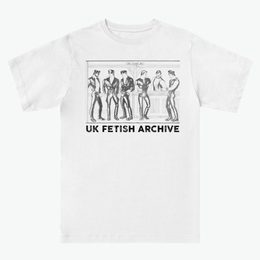 Illustration of a group of men in leather stood at a bar with the words "The Leather Bar" above. In black, on a white T-shirt from the UK Fetish Archive Merch.