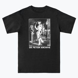 Illustration of dominatrix with a whip in white on a black T-shirt from the UK Fetish Archive Merch.